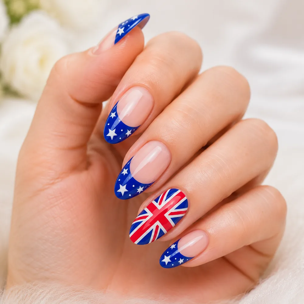 Blue French tip nails with white star details and Union Jack nail art by Lumi Nails & Beauty Pacific Paradise