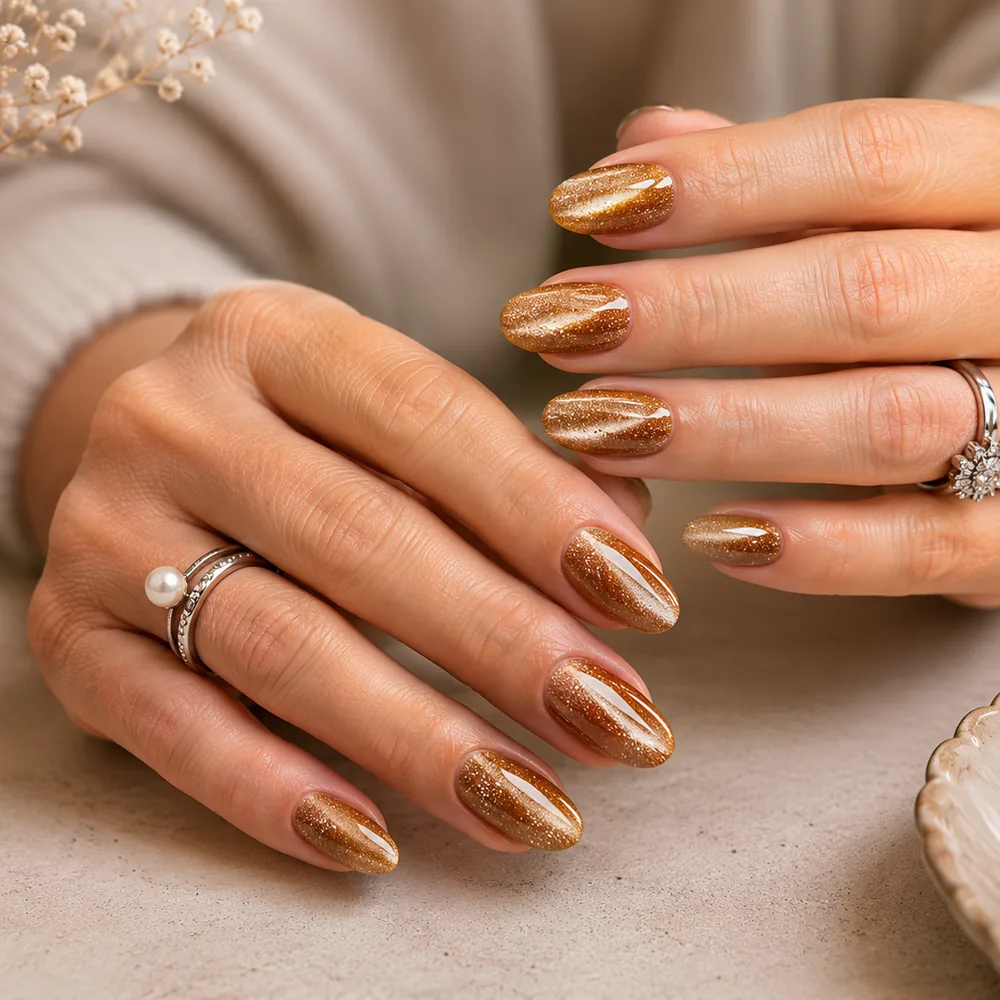 Brown gold cat eye nails with vibrant shimmer by Lumi Nails & Beauty Pacific Paradise
