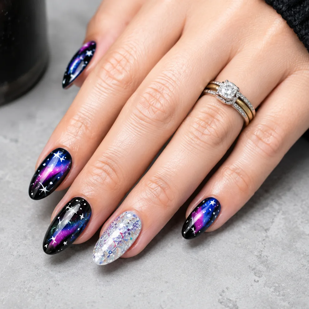 Modern galaxy star nail art with glitter accent nail and black, blue and purple galaxy nails by Lumi Nails & Beauty Pacific Paradise