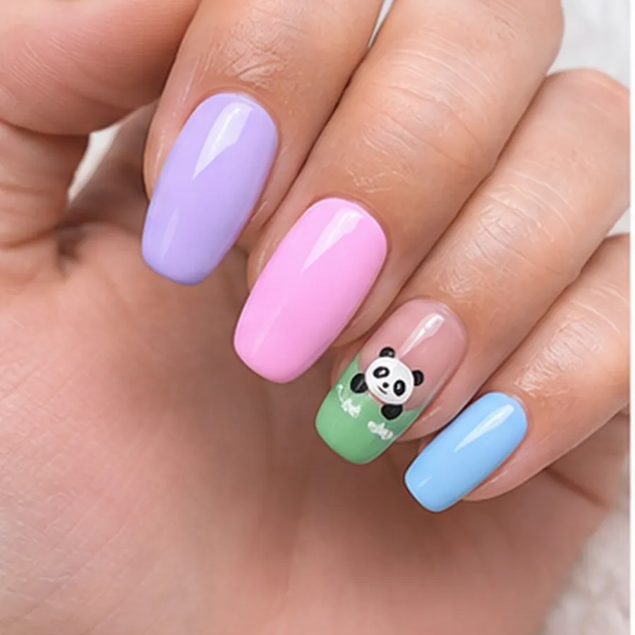 Pastel acrylic nails with panda nail art by Lumi Nails & Beauty