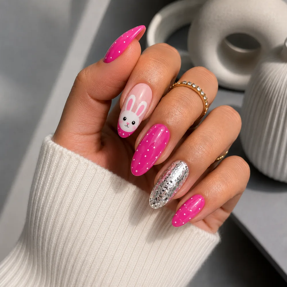 Modern pink bunny nail art with bright pink polka dots and silver glitter accent by Lumi Nails & Beauty Pacific Paradise
