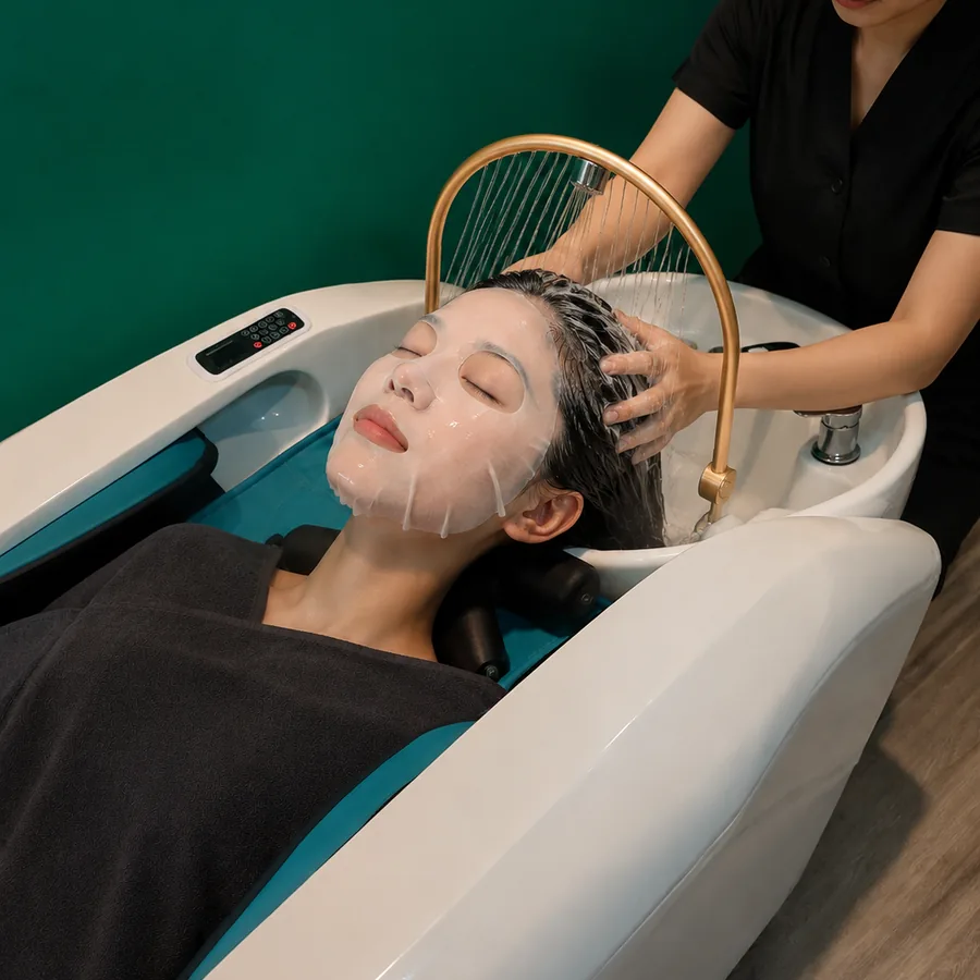 Japanese head spa treatment with facial mask and gold water arch at Lumi Nails and Beauty