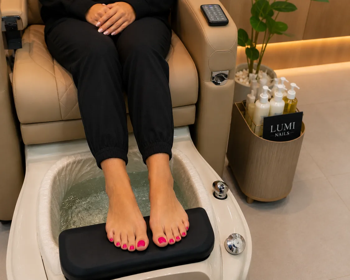 Pedicure chair spa pedicure service photo with vibrant pink toenails at Lumi Nails and Beauty Pacific Paradise