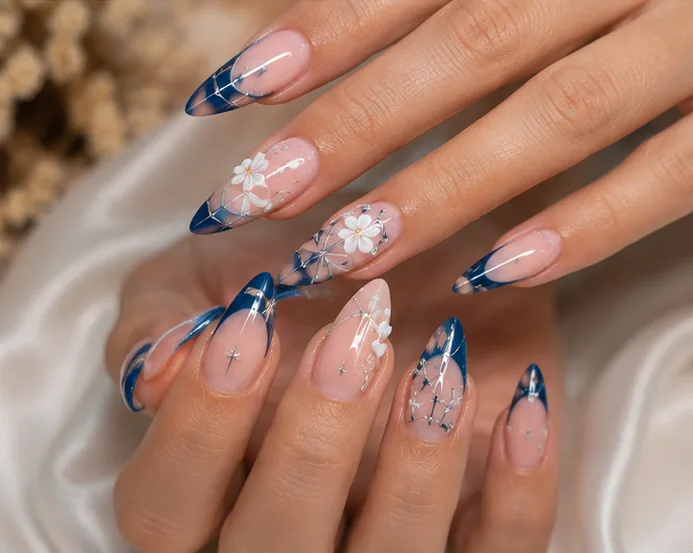 Custom blue French nail art and other nail services photo at Lumi Nails and Beauty Pacific Paradise